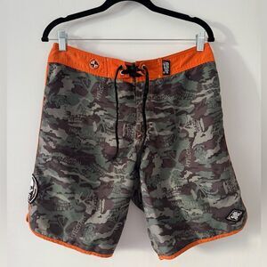 Affliction Men's Camouflage Swim Shorts with Orange Accents
